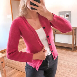 Noah NYC 100% Lambswool Shetland Slim Hot Pink Knit V Neck Cardigan Sweater S